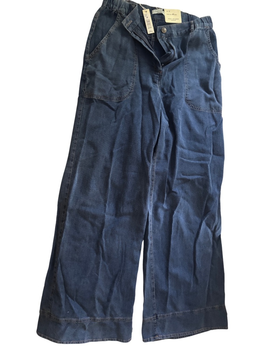 Wide Leg Knit Denim Pants in Deep Indigo